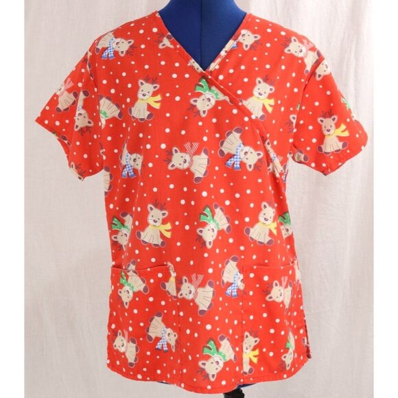 Womens Red RMF Scrubs XS Baby Reindeer Christmas Medical Top VTG Shirt - Picture 1 of 9